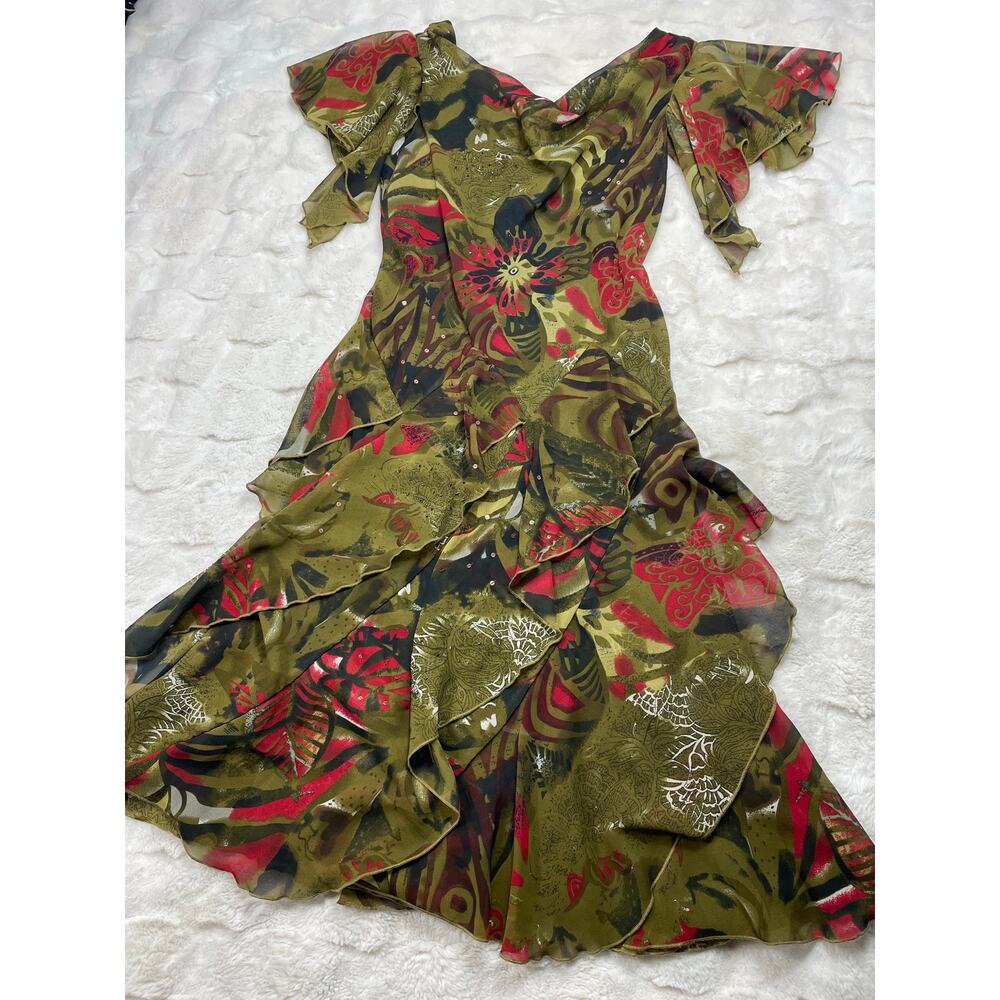 🔥Robbie Bee Ruffled Beads Tiered Asymmetrical Dress Fairy Y2K Whimsy Boho Sz 14